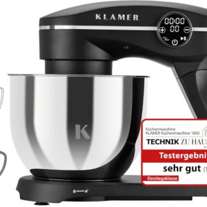 KLAMER Küchenmaschine 1800W, Knetmaschine mit 6 Liter Edelstahl Schüssel